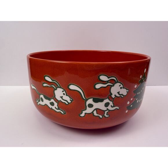 Vintage Waechterbach Germany Red Christmas Tree Dog Bowl Large Food Dish - Picture 3 of 9